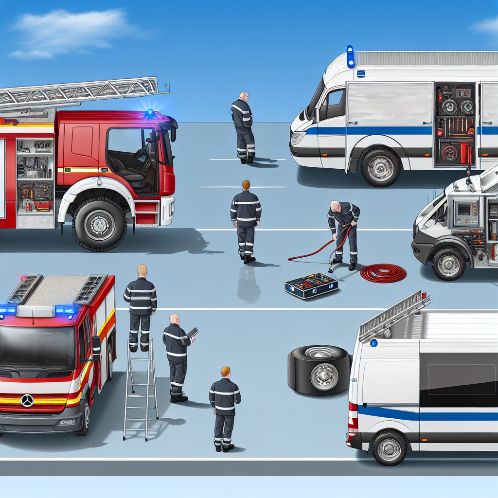 A visual illustration depicting a fire truck alongside a mobile service vehicle. The scene showcases teamwork in maintenance support, highlighting the importance of collaboration between emergency service vehicles and maintenance personnel. The setting reflects a service context, creating a sense of readiness and reliability.