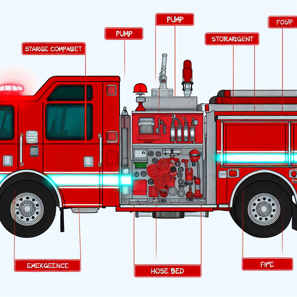 Illustration of a pumper fire truck with labeled features