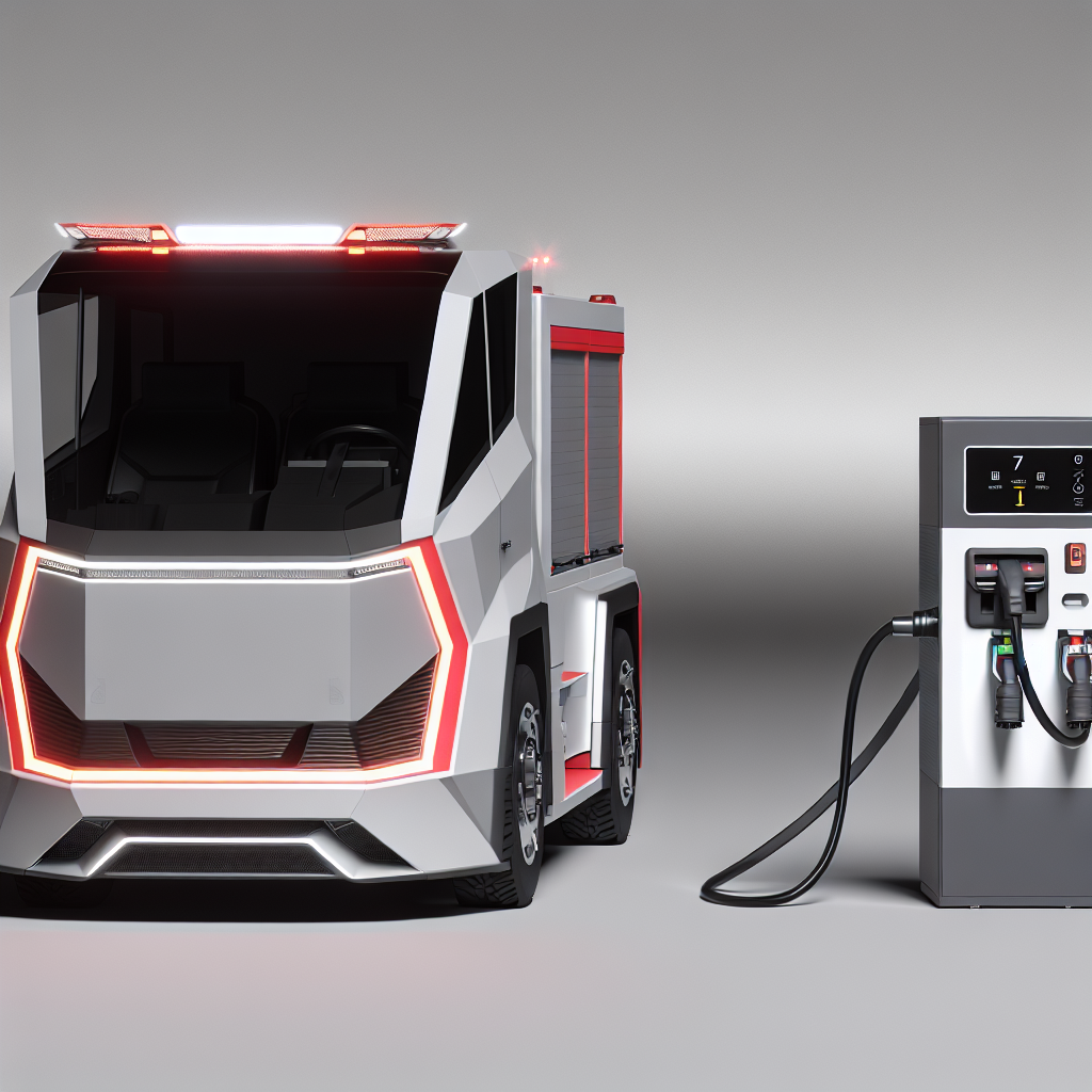 Electric fire truck next to its charging station