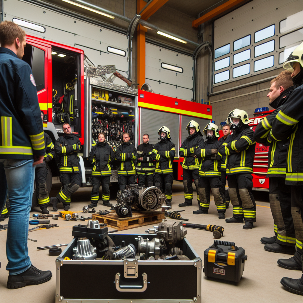Dynamic fire service training session capturing firefighters learning about advanced fire truck technology