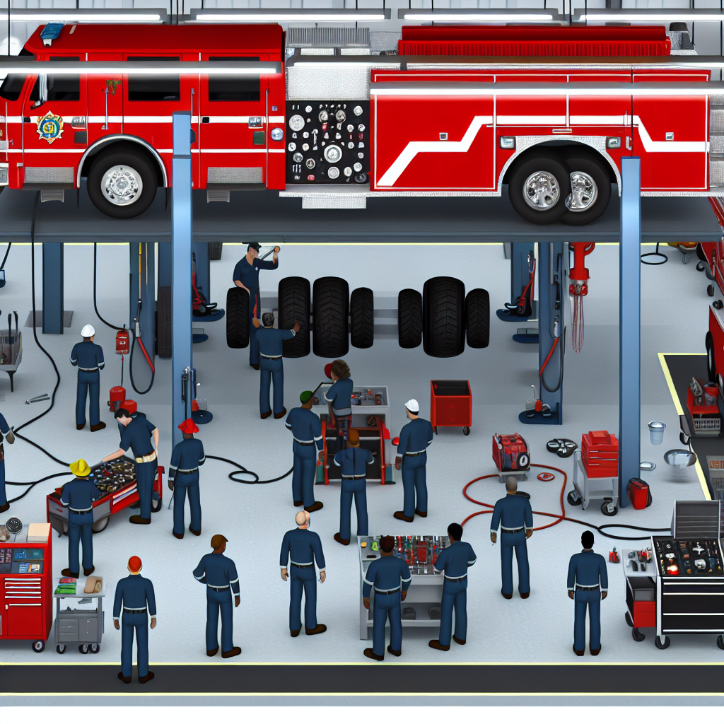 A visual illustration depicting key best practices in fire truck maintenance. The image shows a fire truck undergoing inspection with a technician, visual elements representing systematic checks, fluid levels, operation tests, and preventive maintenance. Teamwork in ensuring fire apparatus reliability and readiness for emergencies is highlighted.