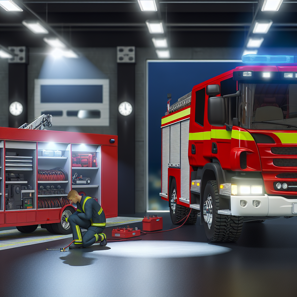 A visual illustration depicting a fire truck alongside a mobile service vehicle. The scene showcases teamwork in maintenance support, highlighting the importance of collaboration between emergency service vehicles and maintenance personnel. The setting reflects a service context, creating a sense of readiness and reliability.