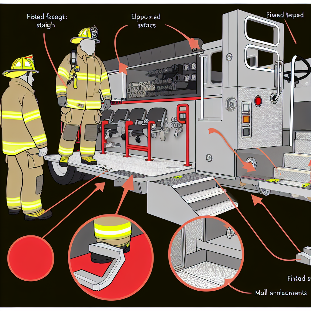 An illustration showing the design of an accessible hosebed in a pumper fire truck, highlighting features such as lower hosebed height, ergonomic access features, fixed steps, handrails, and slip-resistant surfaces for ease of use by firefighters.