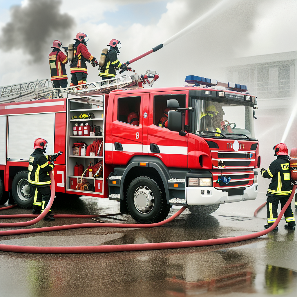 A modern pumper fire truck in action at an emergency scene, showcasing its role in firefighting.