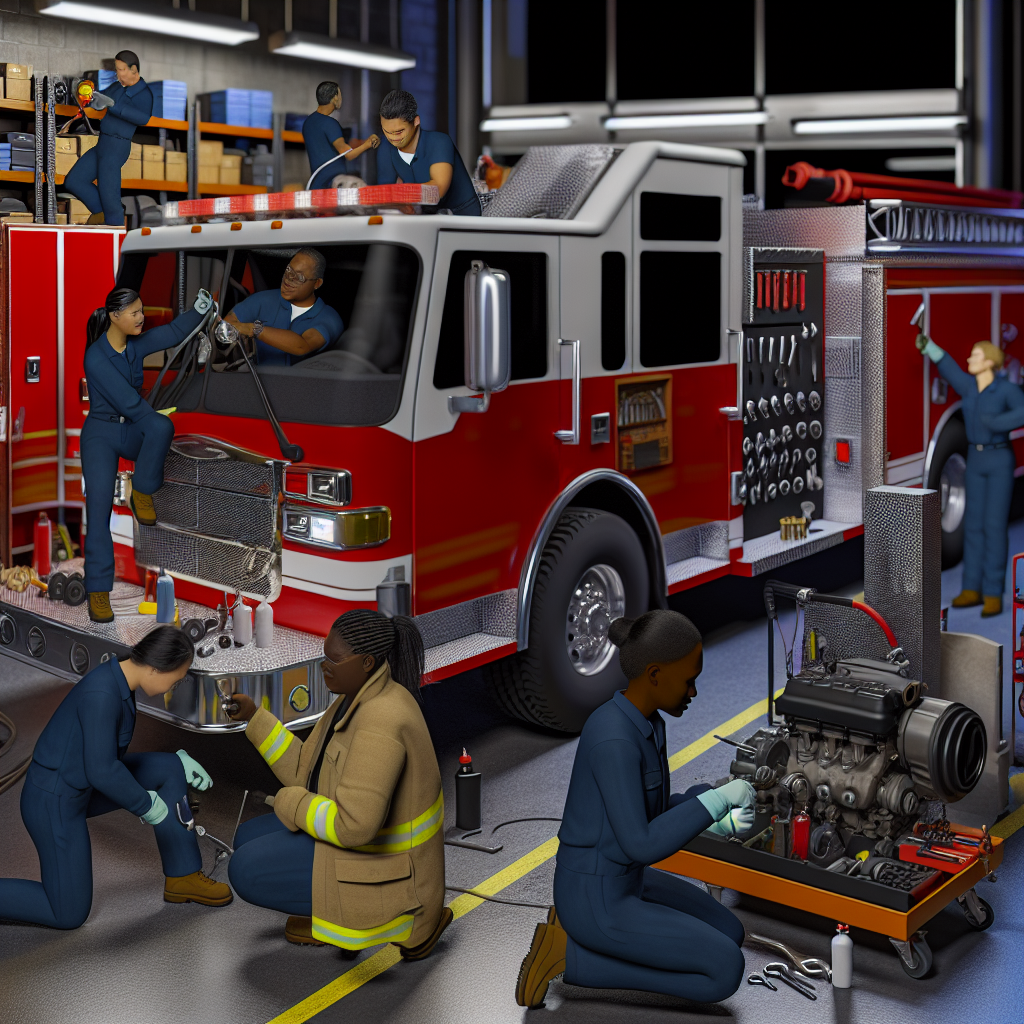 Technicians performing maintenance on a fire truck
