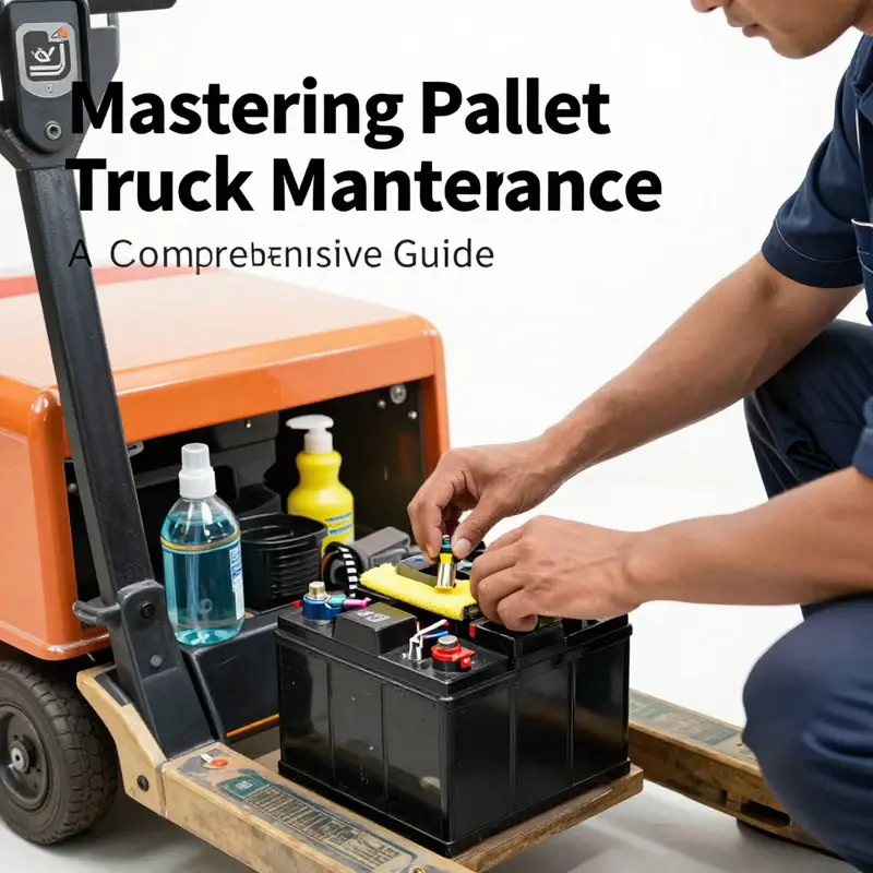A technician performing a visual inspection on a pallet truck to ensure safety and functionality.