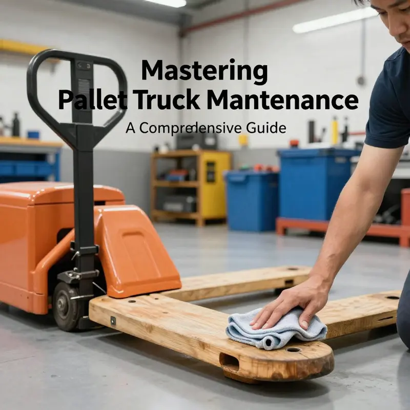 A technician performing a visual inspection on a pallet truck to ensure safety and functionality.