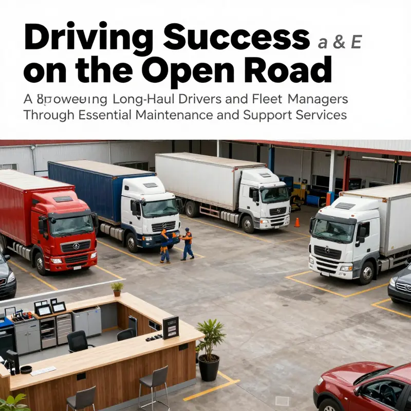 A vibrant view of a busy truck service center showcasing mechanics at work and a reception area.