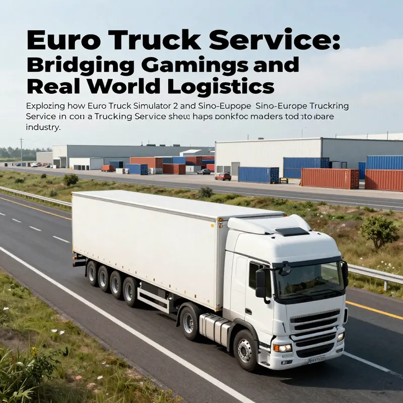 Truck driving on highway with warehouses and containers representing trucking and logistics.