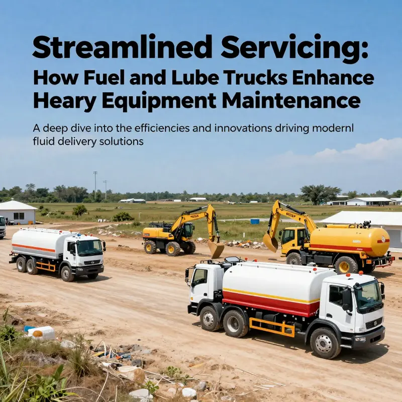 A wide-angle view of fuel and lube trucks at a heavy equipment site, illustrating their significance in servicing.