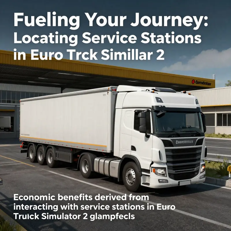 Overview of a busy service station in Euro Truck Simulator 2, where truckers stop for fuel and repairs.