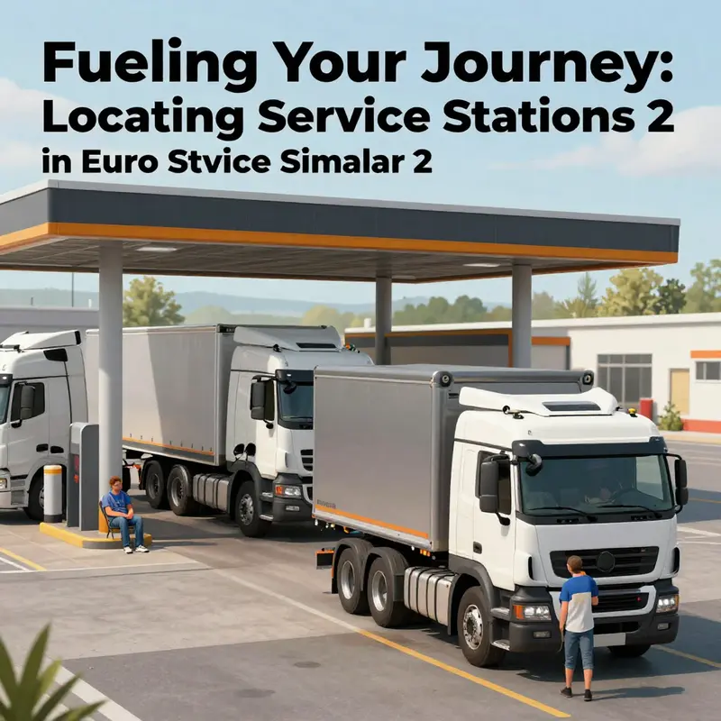 Overview of a busy service station in Euro Truck Simulator 2, where truckers stop for fuel and repairs.