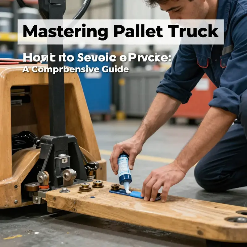 A technician performing a visual inspection on a pallet truck to ensure safety and functionality.