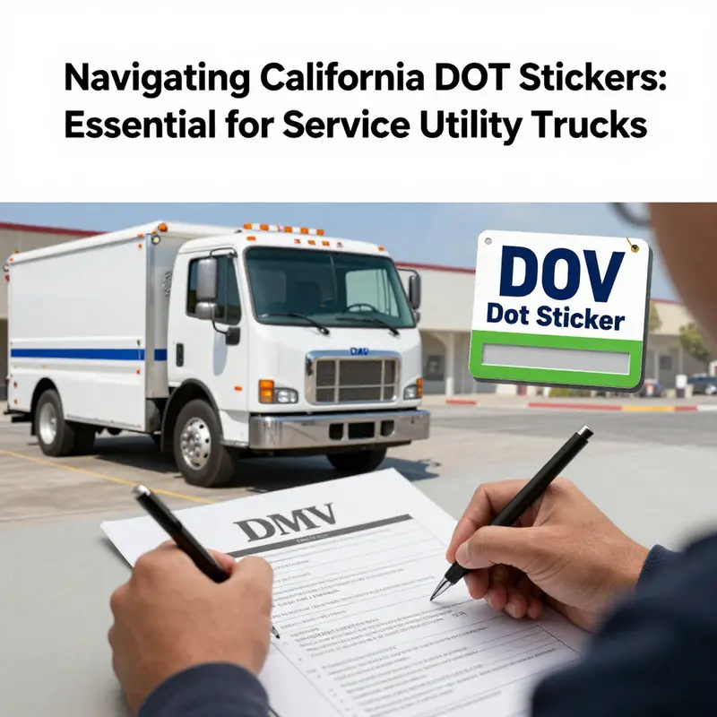 A service utility truck demonstrating the necessity of a California DOT sticker in compliance with state regulations.