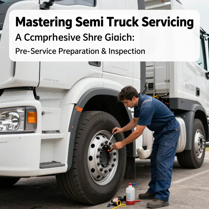 A mechanic performing a detailed pre-service inspection on a semi truck, ensuring all safety checks are completed.