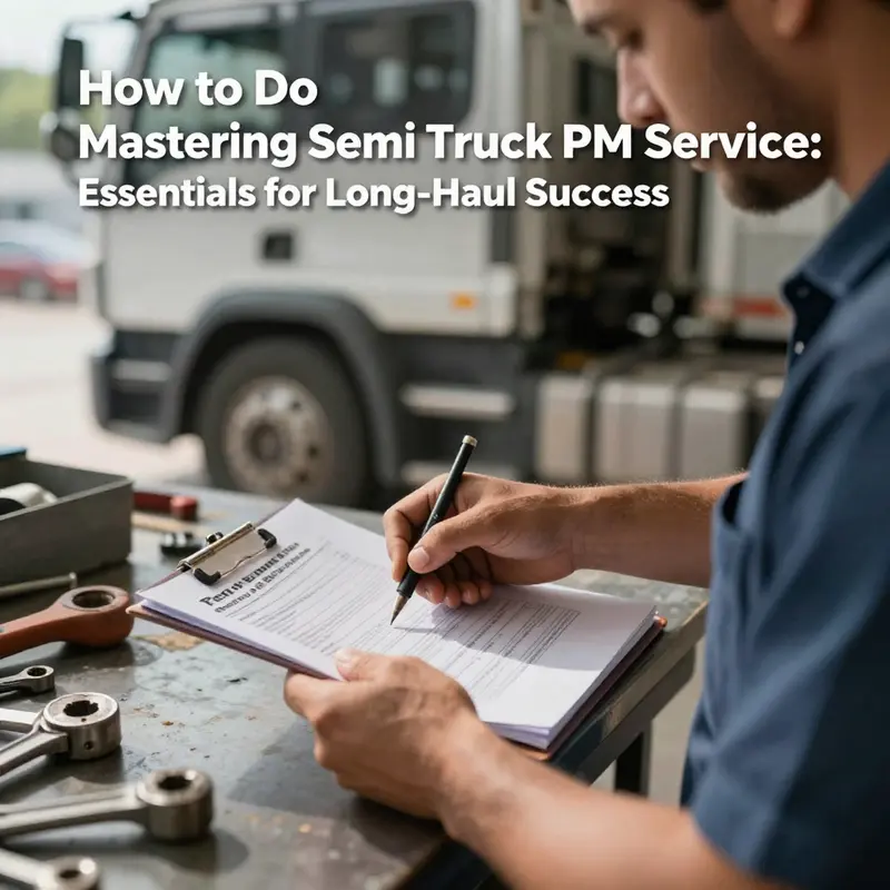 Mechanic gathering tools and supplies for semi truck PM service preparation.