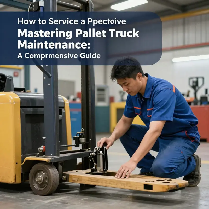 A technician performing a visual inspection on a pallet truck to ensure safety and functionality.