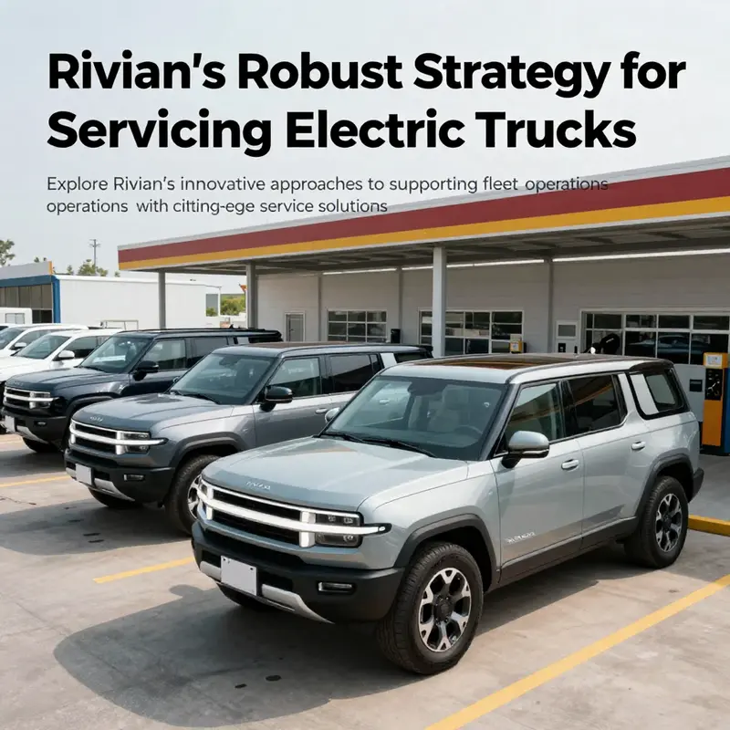 A fleet of Rivian electric trucks parked beside a service station, symbolizing innovation in electric transportation.