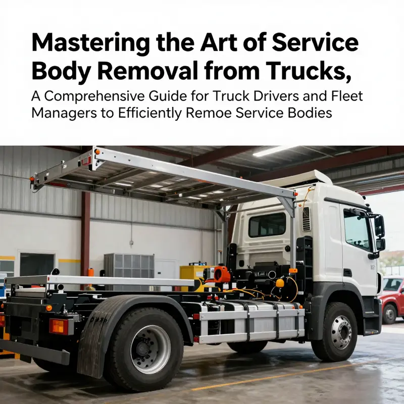 A workshop scene with professionals removing a service body from a truck, emphasizing safety and technical expertise.