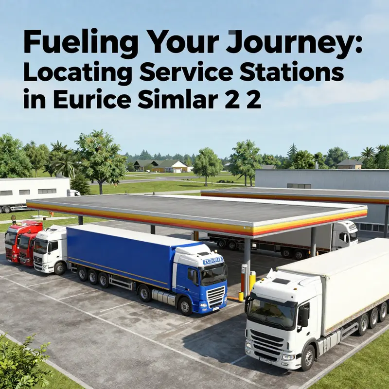 Overview of a busy service station in Euro Truck Simulator 2, where truckers stop for fuel and repairs.