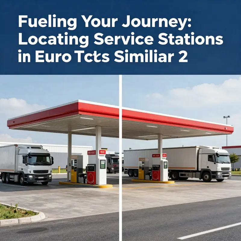 Overview of a busy service station in Euro Truck Simulator 2, where truckers stop for fuel and repairs.