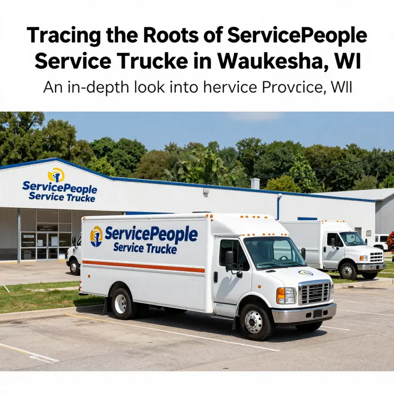 Photo of ServicePeople Service Trucke's facility in Waukesha, WI, featuring trucks and a picturesque landscape.