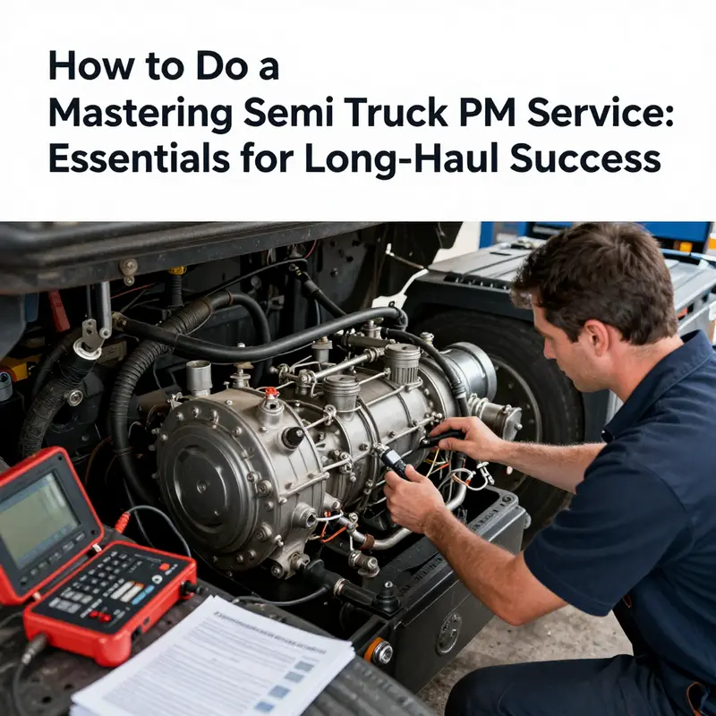 Mechanic gathering tools and supplies for semi truck PM service preparation.