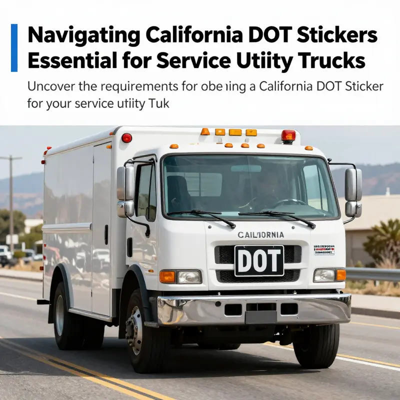 A service utility truck driving along a highway in California, clearly exhibiting a DOT sticker.