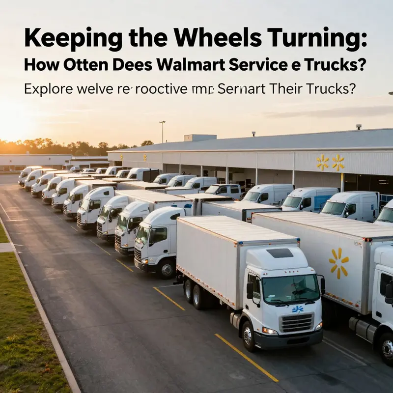 A row of Walmart trucks parked in a distribution center at dawn, symbolizing operational readiness and fleet maintenance.