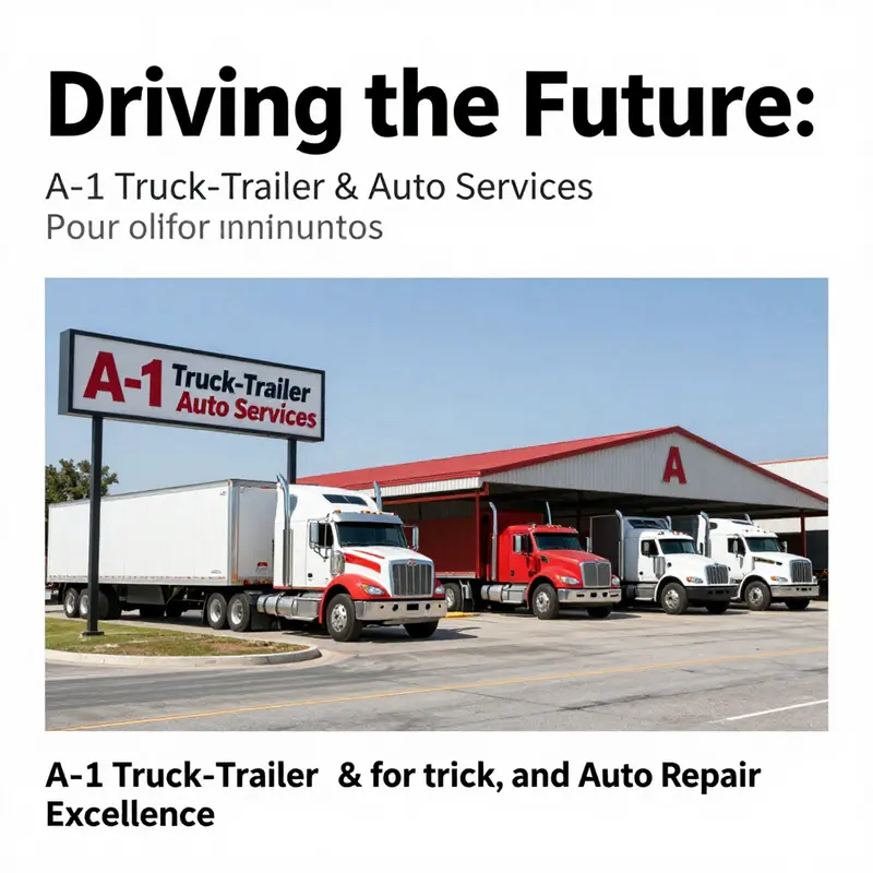 A wide shot of the A-1 Truck-Trailer & Auto Services facility with several trucks and trailers in the parking area.