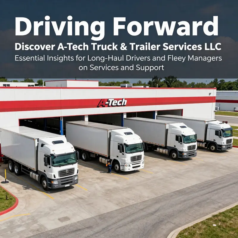 Wide-angle shot of A-Tech Truck & Trailer Services LLC's service area with trucks and technicians at work.