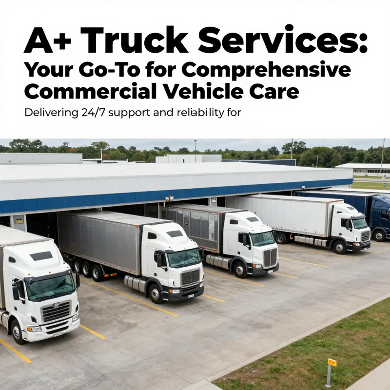 A wide-angle view of the A+ Truck Services workshop, with various trucks and mechanics actively engaged in maintenance and repair tasks.