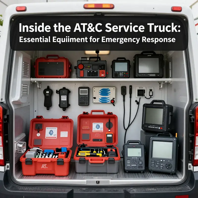 Inside the AT&T service truck, showcasing satellite communication systems crucial for connectivity in emergencies.