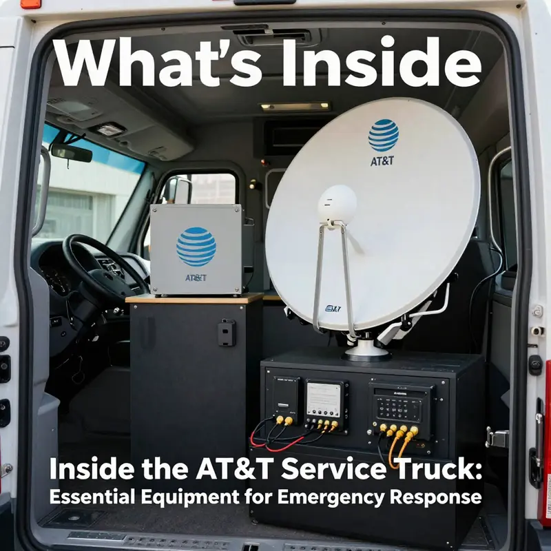Inside the AT&T service truck, showcasing satellite communication systems crucial for connectivity in emergencies.