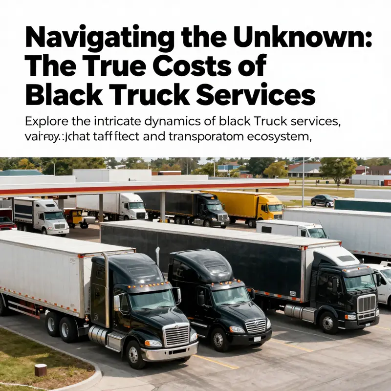 A wide-angle image showing multiple trucks at a truck stop, symbolizing the complexity of transportation services.