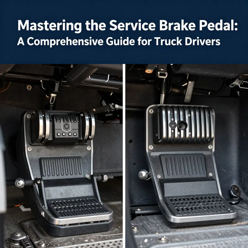 The service brake pedal in a truck, positioned for easy access by the driver.