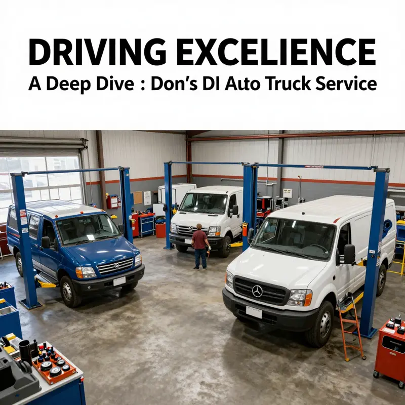 The bustling workshop at Don’s DI Auto & Truck Service, highlighting a variety of trucks receiving specialized repairs.