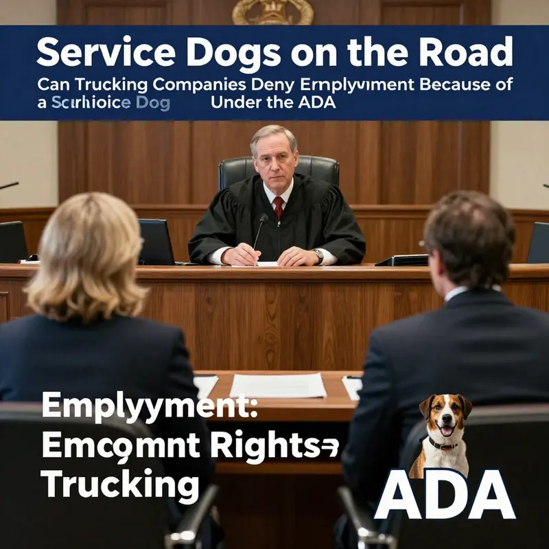 A truck driver and fleet manager discuss employment rights regarding service dogs in a professional setting.
