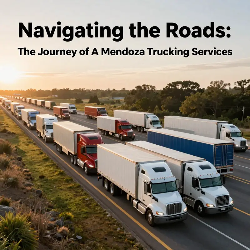 A sunrise-lit panoramic view of A Mendoza Trucking Services' fleet on the highway.
