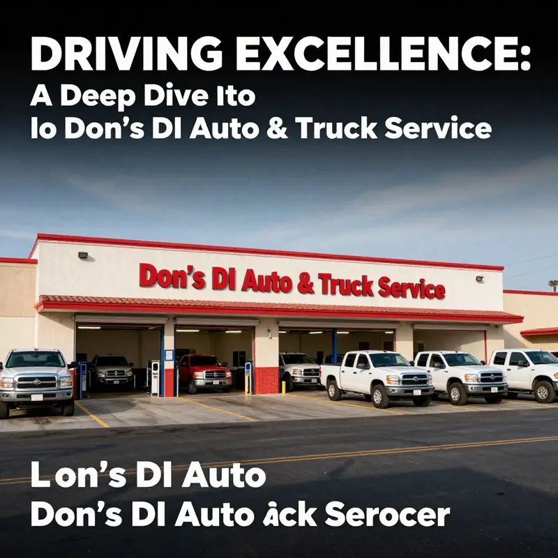 The front view of Don's DI Auto & Truck Service, showcasing a busy automotive repair shop with trucks and staff at work.
