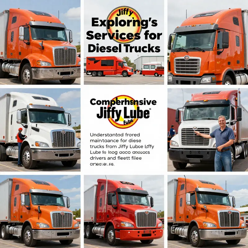 A collage illustrating Jiffy Lube services for diesel trucks, featuring trucks, mechanics, and maintenance equipment.