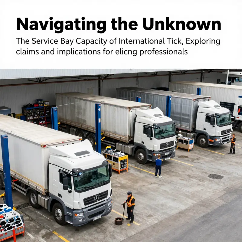 A panoramic view of a truck service bay with mechanics and trucks, capturing the essence of trucking operations.