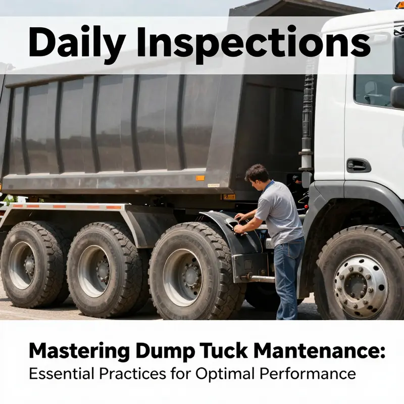A driver conducts a thorough pre-operational inspection to ensure the dump truck is road-ready.