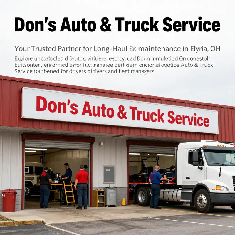 The front of Don's Auto & Truck Service with technicians and trucks, inviting and ready for service.