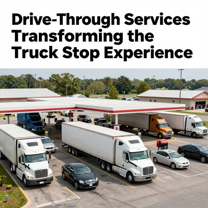 A vibrant truck stop featuring a busy drive-through designed for long-haul truck drivers.