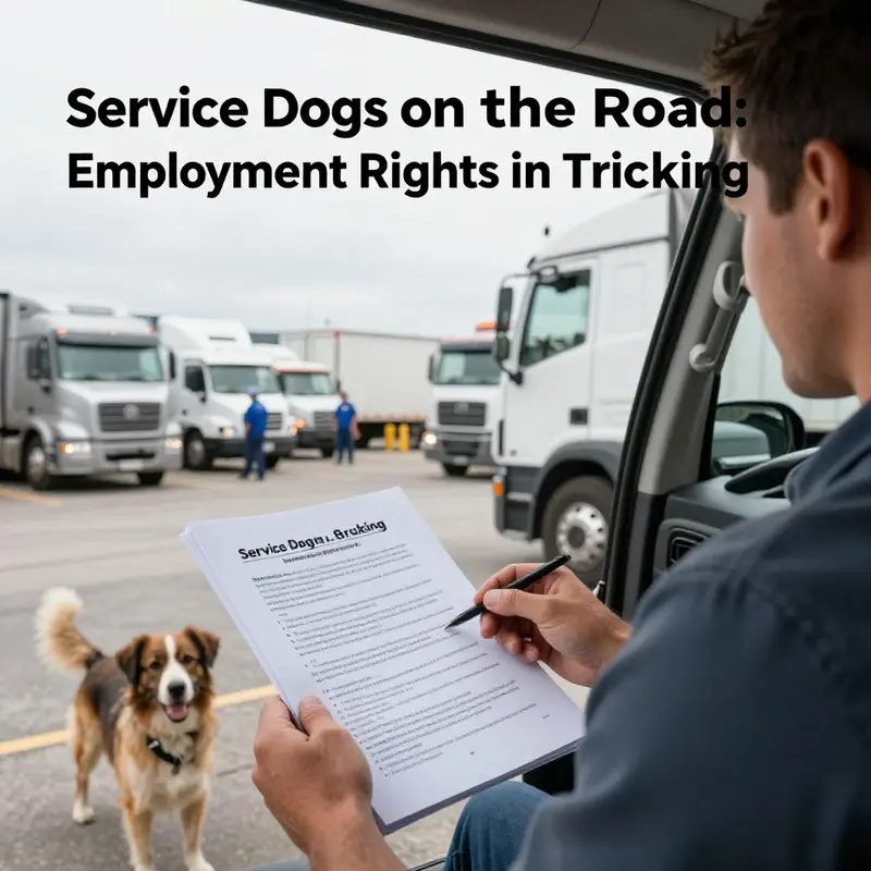 A truck driver and fleet manager discuss employment rights regarding service dogs in a professional setting.