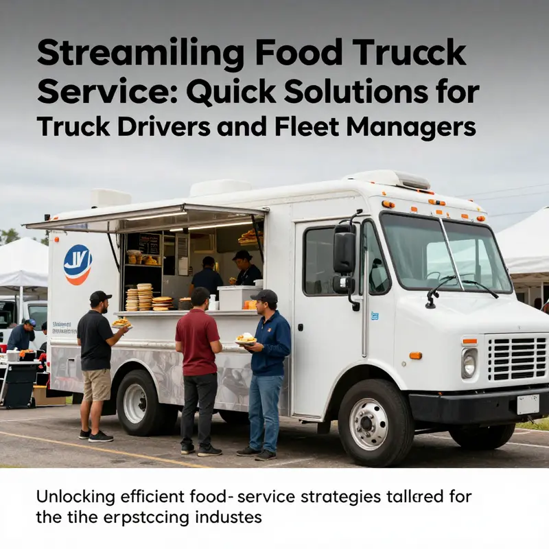 Food truck event scene with happy truck drivers receiving meals quickly, reflecting optimized food service operations.