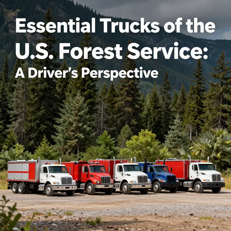 Panoramic view of different trucks used by the U.S. Forest Service in a forest landscape.