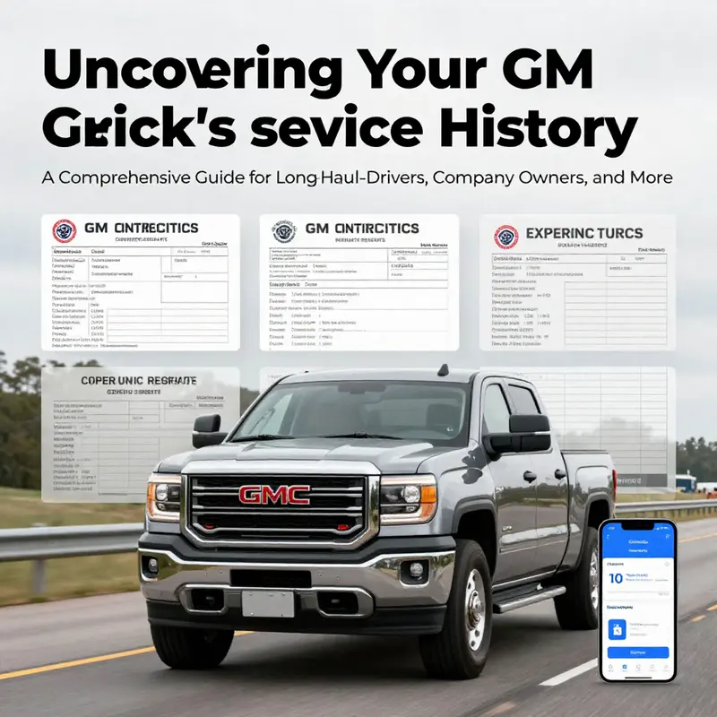 A GM truck on the highway with digital overlays showing service histories.