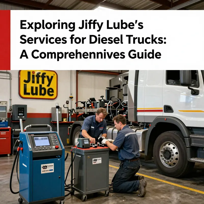 A Jiffy Lube service station where a diesel truck is being serviced to showcase their maintenance offerings.